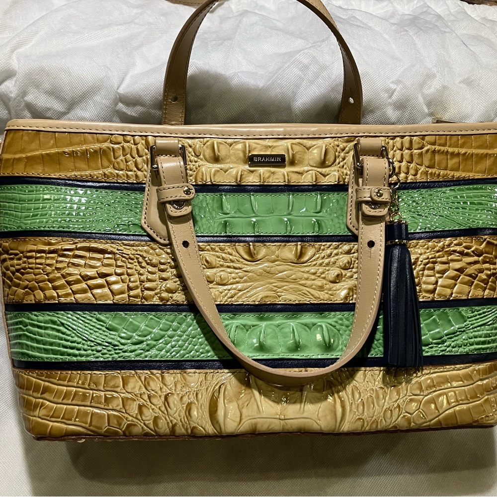 Brahmin Green and Tan Croc-Embossed Tote